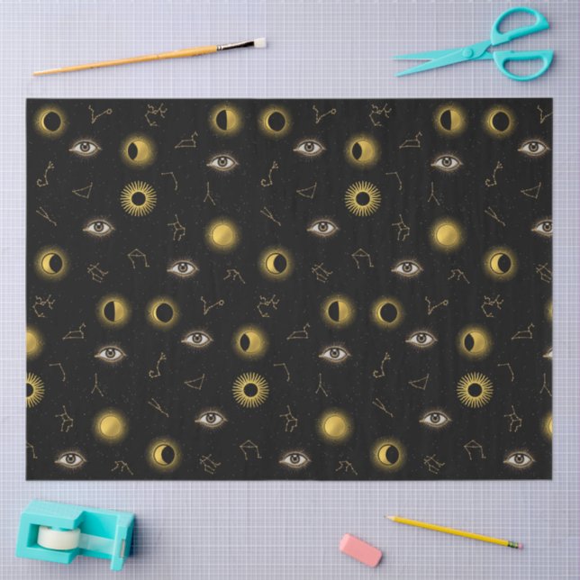Papel De Seda Sol Celestial Dourado Negro e Lua (Arte )
