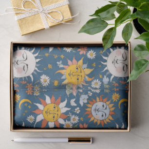 Papel De Seda Sol e Lua Floral em Azuis e Amarelos