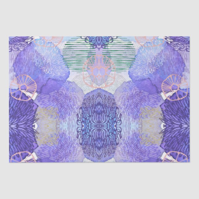 Papel De Seda Sombras de Lavanda e Flores de Abstrato Verde (Frente )