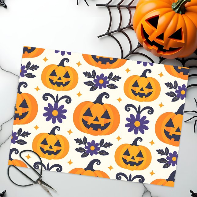 Papel De Seda Sorriso Jack-O'-Lanternas Flores Roxas Halloween (Criador carregado)