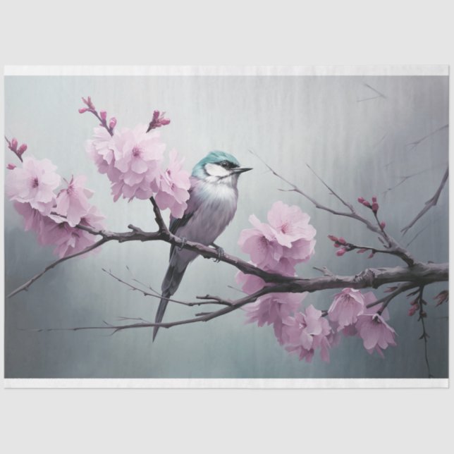 Papel De Seda Sparrow Bird Cherry Blossom Branch Chinoiserie (Frente )