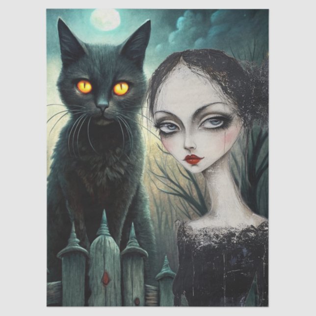 Papel De Seda Spooky Moonlit Black Cat Halloween Decoupage (Frente )