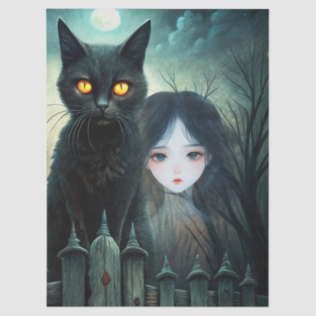Papel De Seda Spooky Moonlit Black Cat Halloween Decoupage (Frente )