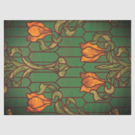 Papel De Seda Stained glass look floral art nouveau green orange