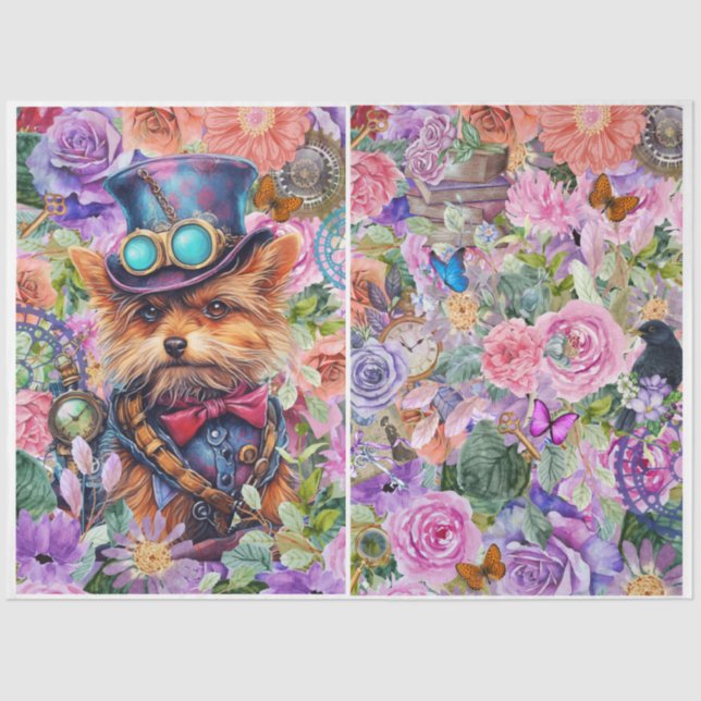 Papel De Seda Steampunk Floral Pup com fundo extra (Frente )