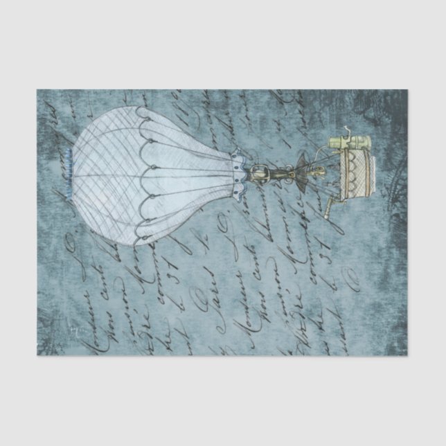 Papel De Seda Steampunk Hot Air Balloon Dusk Blue Manuscrito (Frente )