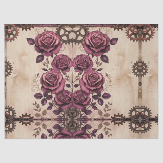 Papel De Seda Steampunk Plum Roses & Gears Wrapping Paper (Frente )