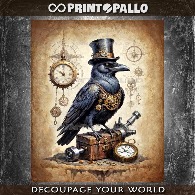 Papel De Seda Steampunk Raven with top hat and watches (Criador carregado)