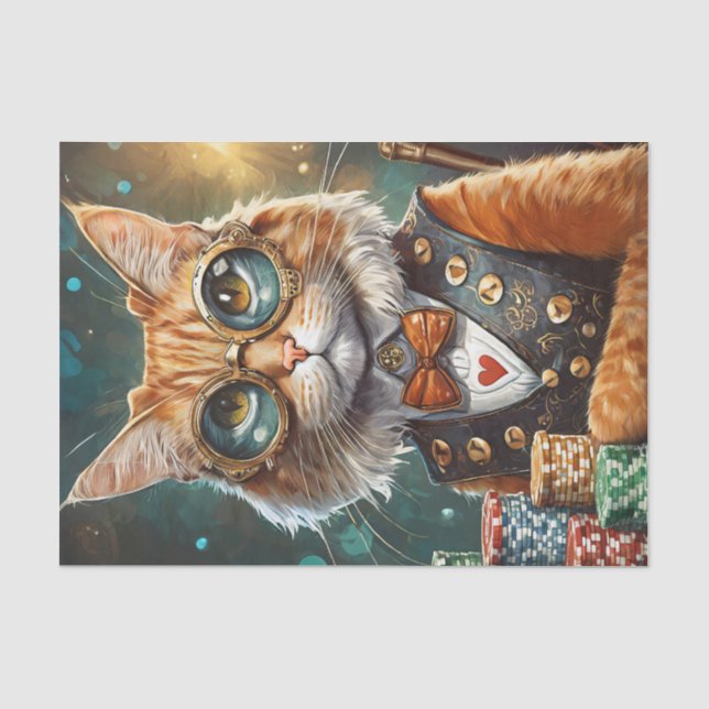 Papel De Seda Steampunk Seymour, Gato Lida com Pôquer (Frente )