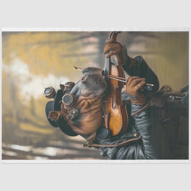 Papel De Seda Steampunk Whimsical Hippo Tocando Violino (Frente )