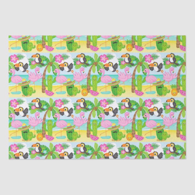 Papel De Seda Summer Tropical Toucan e Flamingo Pattern (Frente )