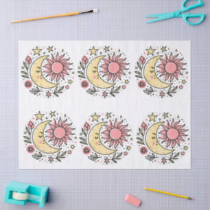 Papel De Seda Sun Moon Stars Floral Cor-de-rosa Amarelo