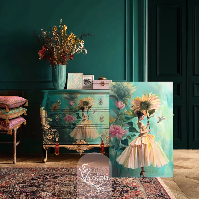 Papel De Seda Sunflower Sanctuary Elegant Lady Fantasy Retrato (Mint Teal Green, Sunflower Sanctuary, Romantic Fantasy Portrait & Floral, Decoupage Tissue Paper)