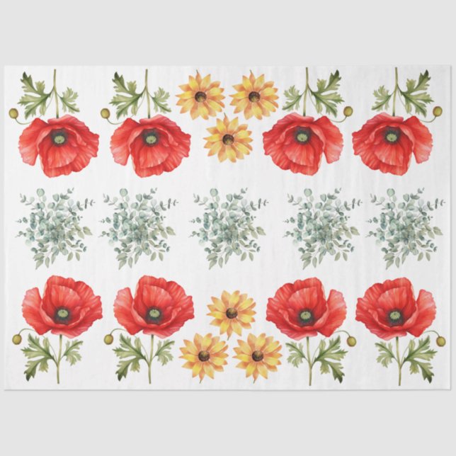 Papel De Seda Sunflowers, Red Poppies & Eucalyptus  Decoupage (Frente )