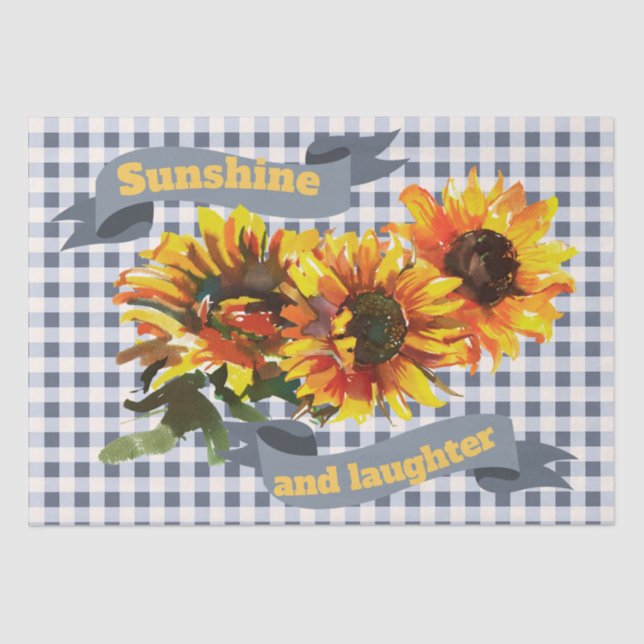 Papel De Seda Sunshine Sunflower Blue-cinza Gingham (Frente )