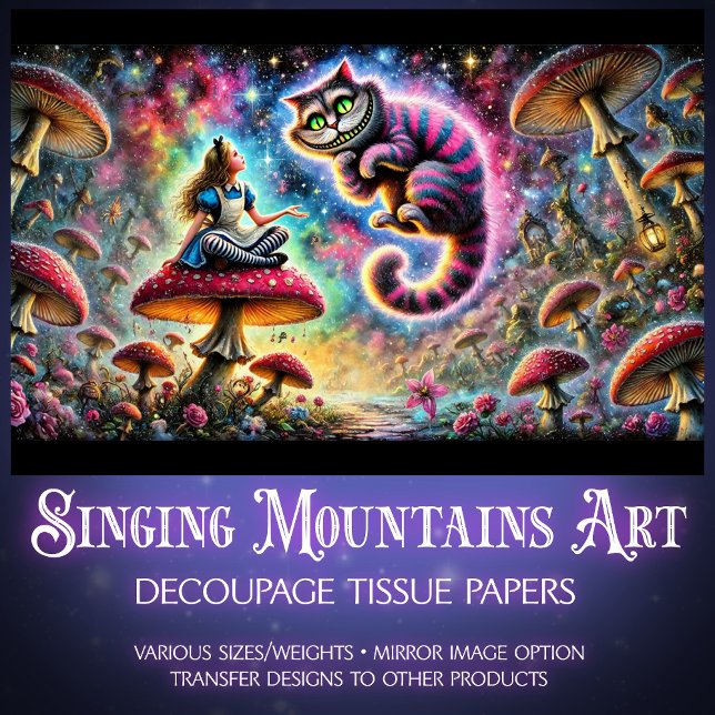 Papel De Seda Surreal Fantasy Mushrooms Alice and Cat (Criador carregado)