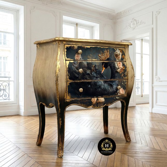 Papel De Seda Swan Preto Majestoso com Decoupage Ouro Coroa (Criador carregado)