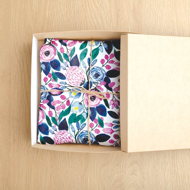 Papel De Seda Sweet Pink Navy Flowers Watercolor Pattern (Criador carregado)