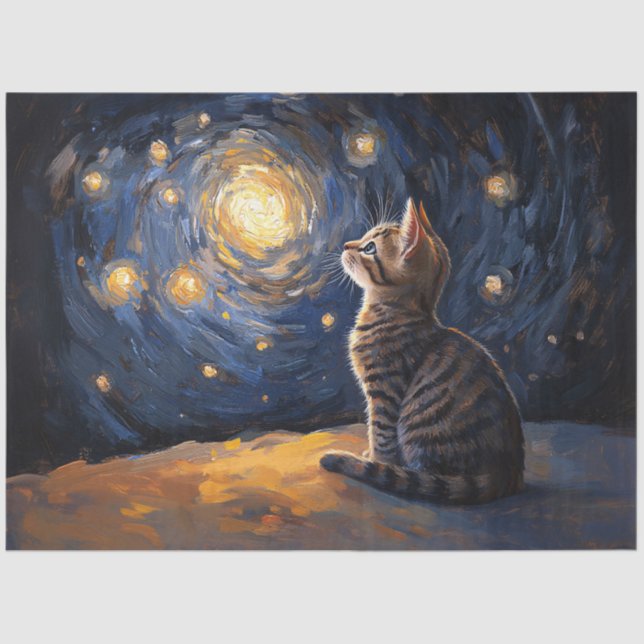 Papel De Seda Tabby Cat Gazando no Céu Espiral Estrelado (Frente )