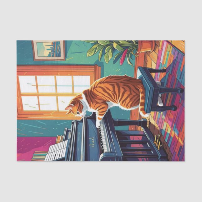Papel De Seda Tabby Cat Tocando o Piano (Frente )