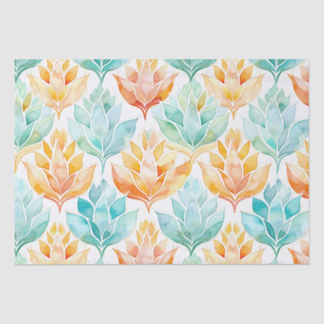 Papel De Seda Tangerina Turquesa Floral Abstrata (Frente )