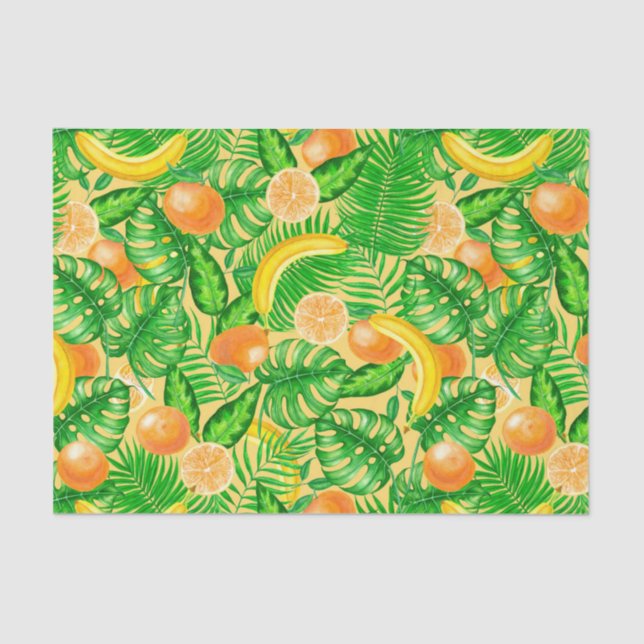 Papel De Seda Tangerinas, bananas e folhas tropicais (Frente )
