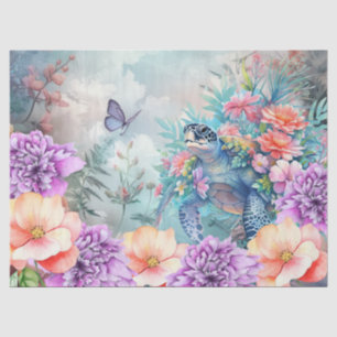 Papel De Seda Tartaruga Marinha Tropical & Florais Aquarela
