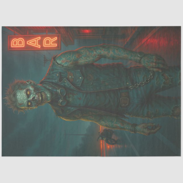 Papel De Seda Tatuado Zombie Biker | Gótico Halloween Morto (Frente )