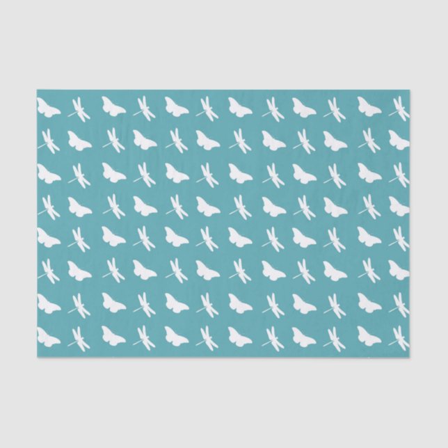 Papel De Seda Teal and White Butterfly and Dragonfly Pattern (Frente )