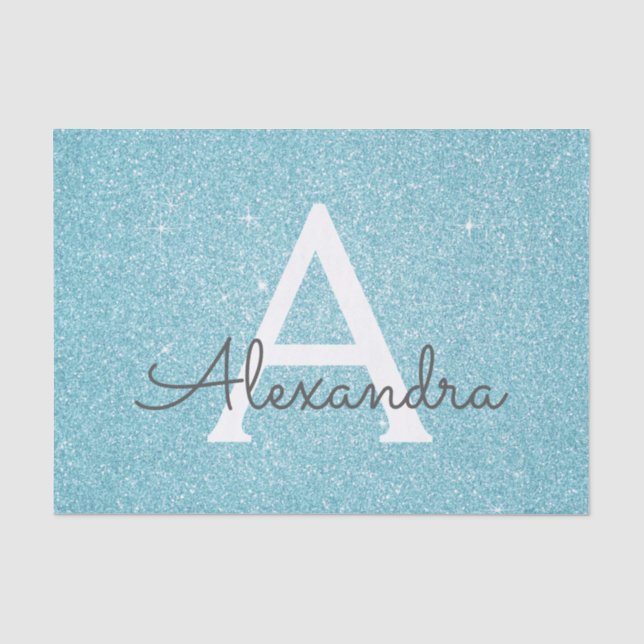 Papel De Seda Teal Aqua Blue Glitter e Sparkle Monogramas (Frente )