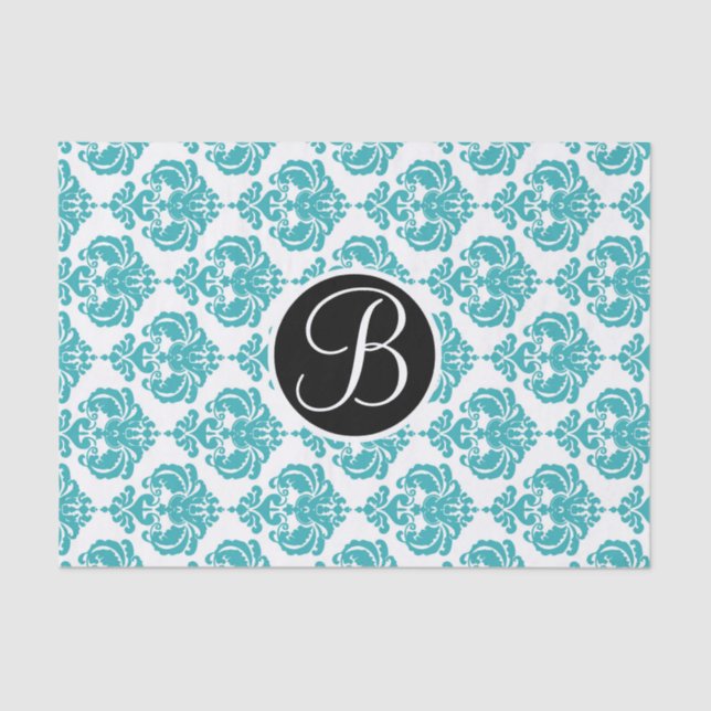 Papel De Seda Teal Aqua Glam Damasco Monograma - Letra Inicial (Frente )
