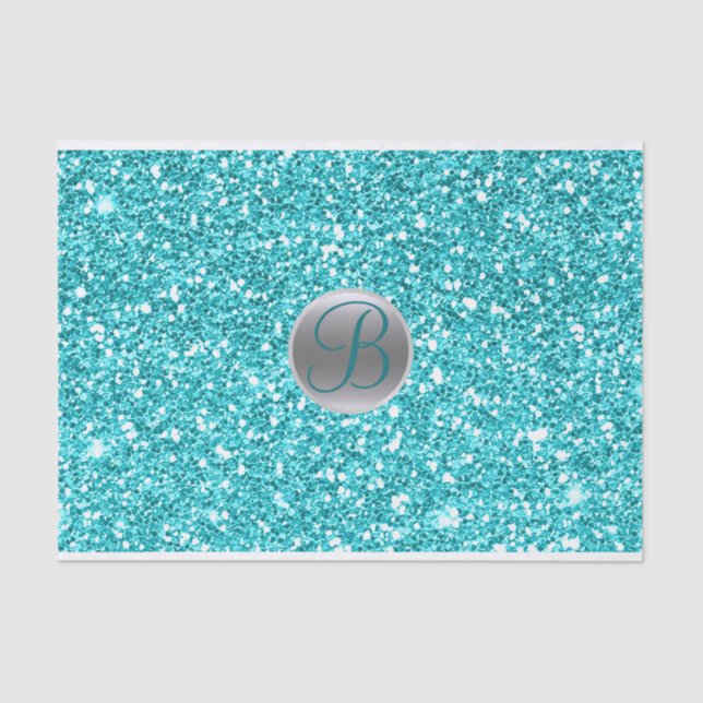 Papel De Seda Teal Aqua Glitter Sparkle Glam Monograma Inicial (Frente )