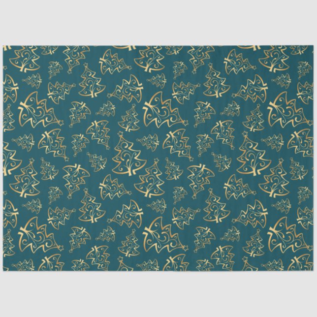Papel De Seda Teal Blue and Gold Elegant Christmas Trees (Frente )