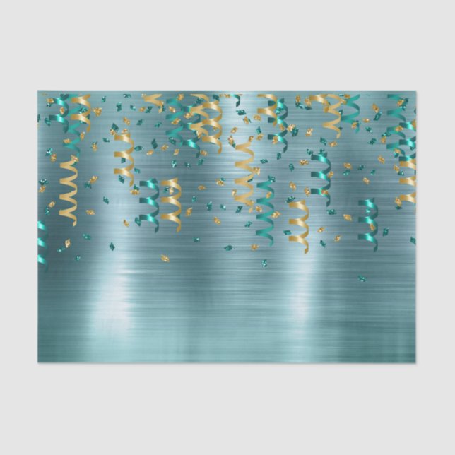 Papel De Seda Teal Dourado Confetti Birthday (Frente )