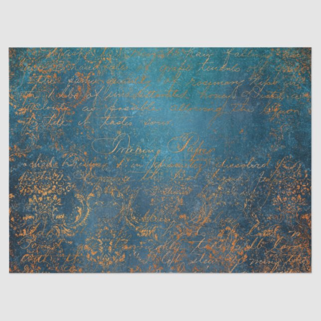 Papel De Seda Teal e Cobre Patina Calliografia (Frente )