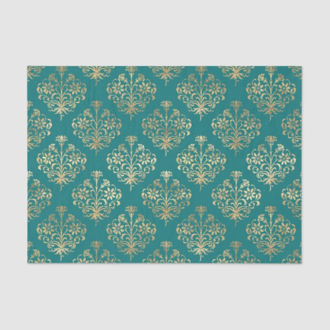 Papel De Seda Teal e Dourado Damask (Frente )