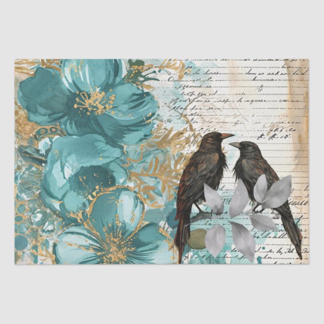 Papel De Seda Teal & Gold Distressed Floral & Ravens (Frente )