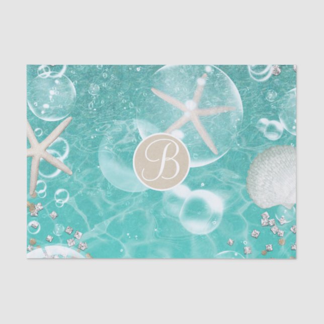 Papel De Seda Teal Starfish & Bubbles Beach Monograma inicial (Frente )