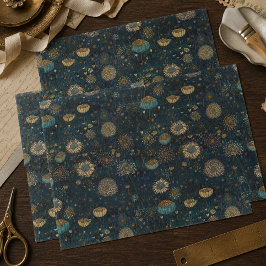 Papel De Seda Tecido de Decoupage Flores Vintage Azul e Dourado