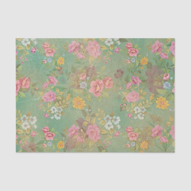 Papel De Seda Tecido de dissociação floral verde-rosa (Frente )