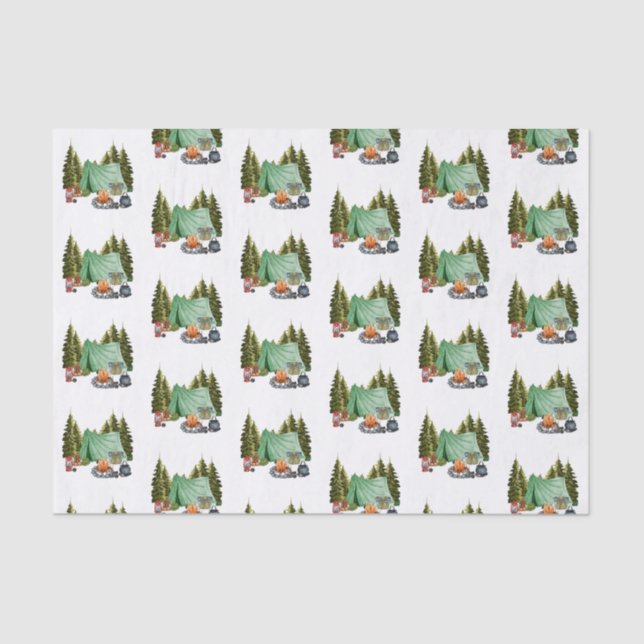 Papel De Seda Tema de acampamento bonito, Campfire, Tent, Flores (Frente )