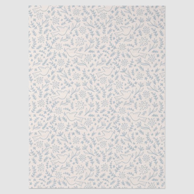 Papel De Seda Tema Religioso Azul e Creme - Pombo e Flores - (Frente )