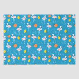Papel De Seda Tema tropical Frutas Flamingo em fundo azul