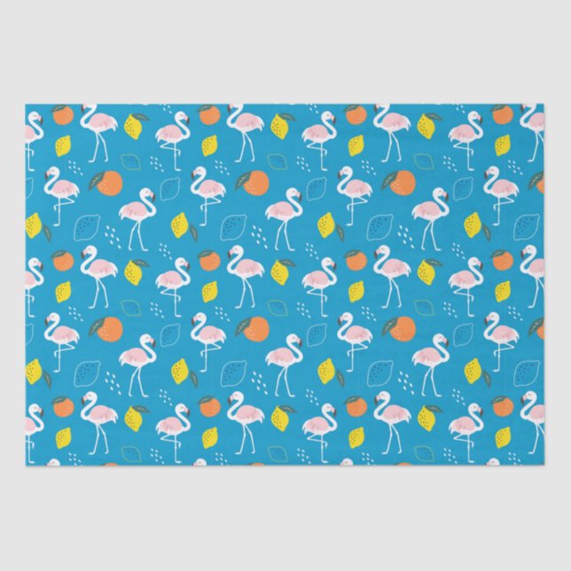 Papel De Seda Tema tropical Frutas Flamingo em fundo azul (Frente )
