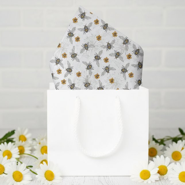 Papel De Seda Tendy White Buzzing Primavera & Summer Honeybee (Floral Bee Tissue Paper for Insect & Nature Lover. Honeybees, Daisy & Gold Cosmos Flowers Pattern)