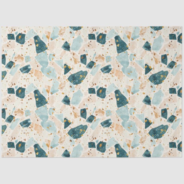 Papel De Seda Terrazzo Teal e Dourada Decoupage de Padrão (Frente )