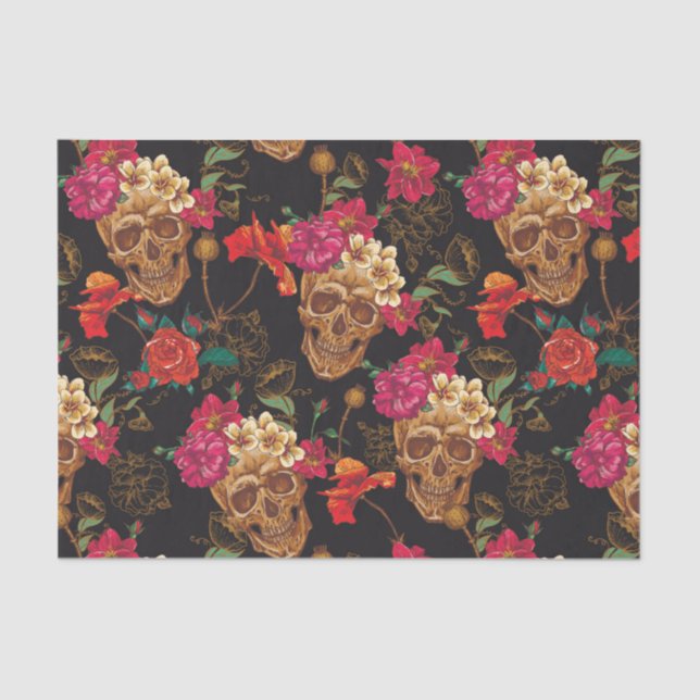 Papel De Seda Teste padrão do Dia das Bruxas, crânios, rosas, (Frente )