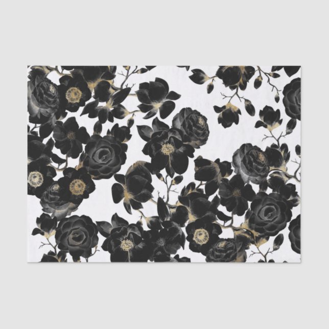 Papel De Seda Teste padrão floral branco e Dourado preto (Frente )
