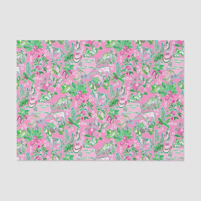 Papel De Seda Texas Map Pink & Green Preppy Patterno (Frente )