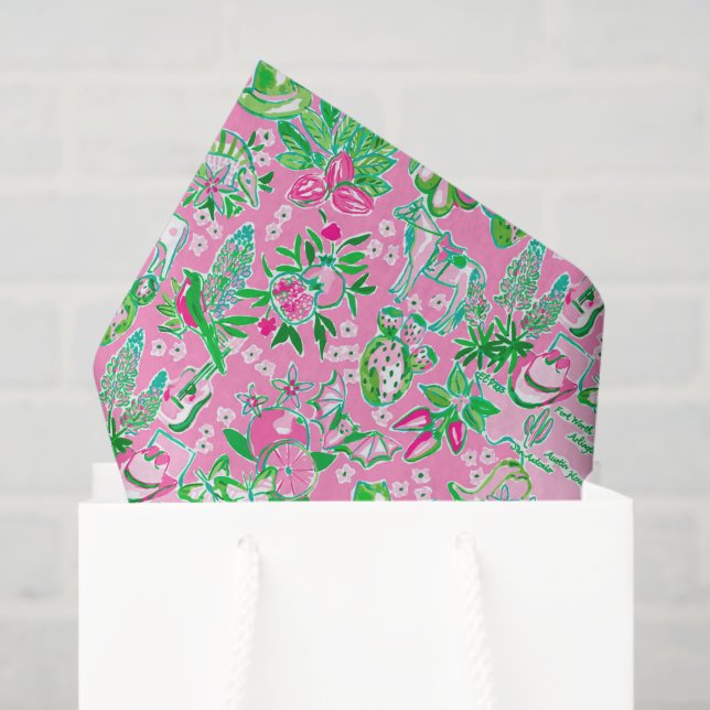 Papel De Seda Texas Map Pink & Green Preppy Patterno (Sacola de presentes)
